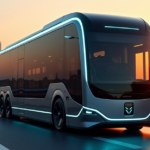 "An autonomous electric bus drives down a futuristic highway with AI-powered automation systems visible on its sleek dark metallic silver exterior, set against a warm cityscape at sunset."