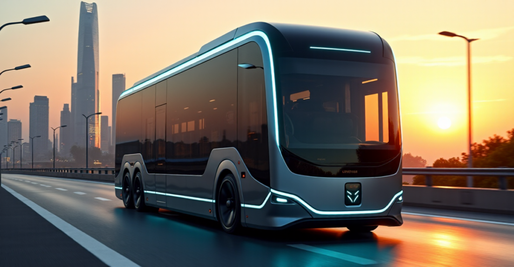 "An autonomous electric bus drives down a futuristic highway with AI-powered automation systems visible on its sleek dark metallic silver exterior, set against a warm cityscape at sunset."
