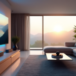 "A modern living room featuring a sleek smart home system, large-screen TV, minimalist coffee table with silver speakers, cream-colored sofa, pale gray walls, and ambient LED lighting."