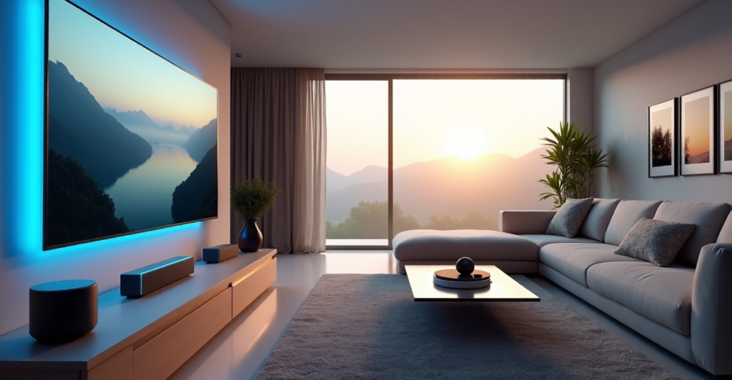 "A modern living room featuring a sleek smart home system, large-screen TV, minimalist coffee table with silver speakers, cream-colored sofa, pale gray walls, and ambient LED lighting."