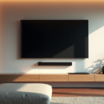 "A modern living room with a large-screen 4K TV, smart speakers, and thermostat, showcasing top 5G connectivity gadgets, amidst soft LED lighting and natural light."