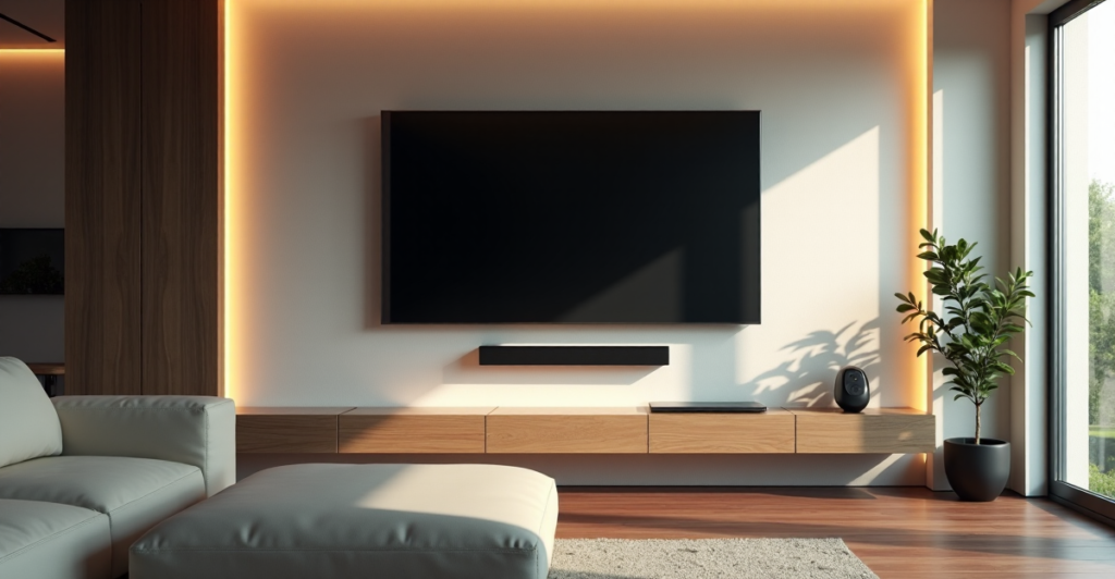 "A modern living room with a large-screen 4K TV, smart speakers, and thermostat, showcasing top 5G connectivity gadgets, amidst soft LED lighting and natural light."