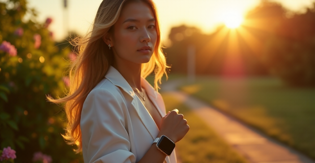 A young woman wearing a sleek silver smartwatch outdoors at sunset, surrounded by lush greenery and vibrant flowers, exuding calm determination and empowerment with cutting-edge wearable tech.