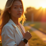 A young woman wearing a sleek silver smartwatch outdoors at sunset, surrounded by lush greenery and vibrant flowers, exuding calm determination and empowerment with cutting-edge wearable tech.