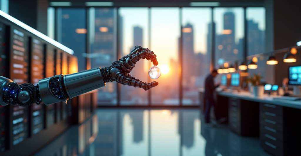 "A futuristic laboratory showcasing cutting-edge innovations, featuring a robotic arm holding an AI chip orb amidst wearable devices and humming servers."