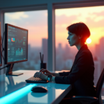 "Unlock Maximum Productivity with Cutting-Edge Tech Solutions" "A young professional woman sits at a minimalist desk in a modern office space with floor-to-ceiling windows offering a cityscape view at sunrise. She's surrounded by cutting-edge tech gadgets and productivity metrics on large screens."