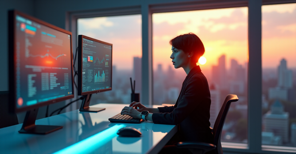 "A young professional woman sits at a minimalist desk in a modern office space with floor-to-ceiling windows offering a cityscape view at sunrise. She's surrounded by cutting-edge tech gadgets and productivity metrics on large screens."