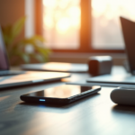 "Unlocking Tomorrow's Tech: Top 5G Gadgets and Cutting-Edge Innovations for a Smarter Future" A sleek silver smartphone with a seamless glass screen sits on a minimalist dark wood desk surrounded by cutting-edge gadgets in warm natural light, showcasing top 5G connectivity innovations.