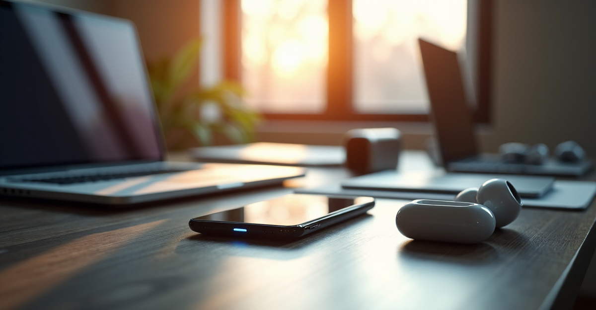 A sleek silver smartphone with a seamless glass screen sits on a minimalist dark wood desk surrounded by cutting-edge gadgets in warm natural light, showcasing top 5G connectivity innovations.