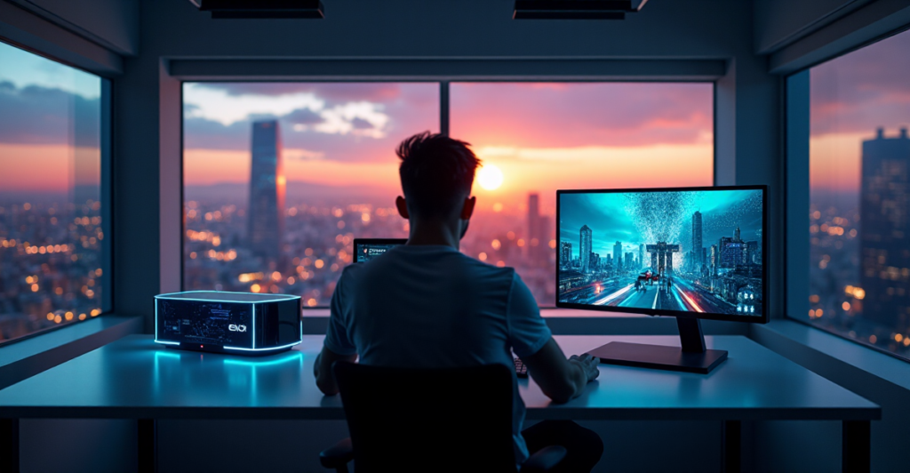 "A futuristic gaming console, Eon, sits on a minimalist desk amidst a cutting-edge gaming setup in a high-tech laboratory-style room with a breathtaking cityscape view at sunset."