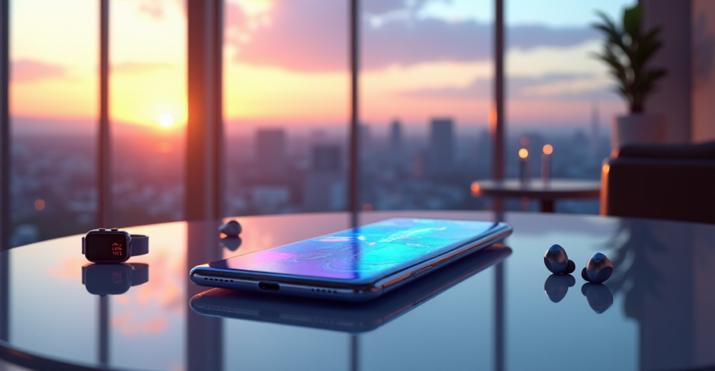 "A sleek, futuristic 5G smartphone on a minimalist table in a modern living room with cityscape view, showcasing top 5G connectivity gadgets of 2025."
