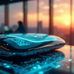 "Cutting-edge AI translation device in a high-tech lab setting, with glowing interface and cityscape view at sunset."