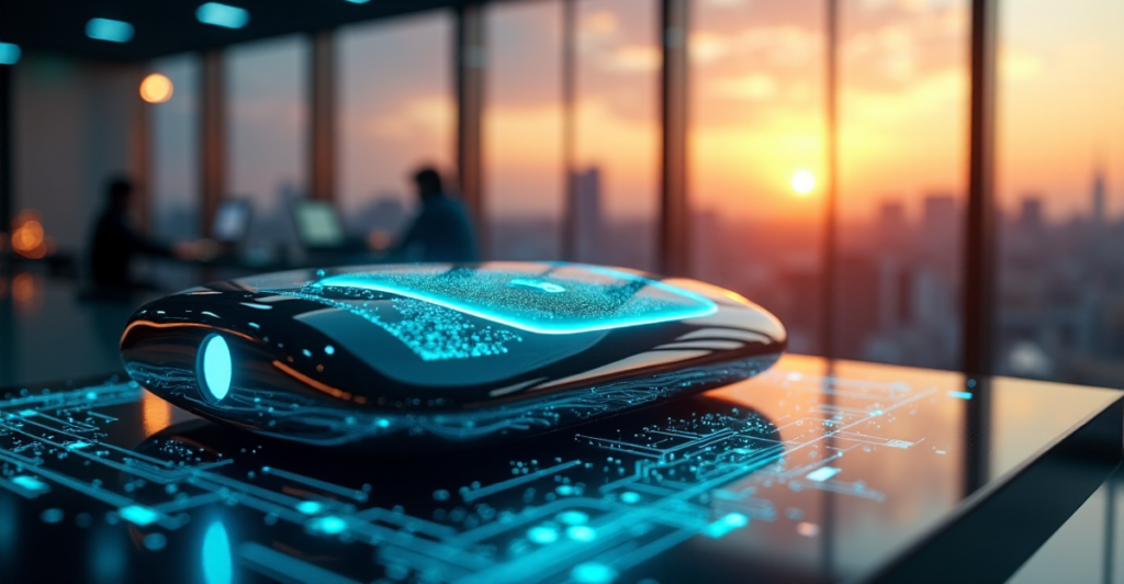 "Cutting-edge AI translation device in a high-tech lab setting, with glowing interface and cityscape view at sunset."