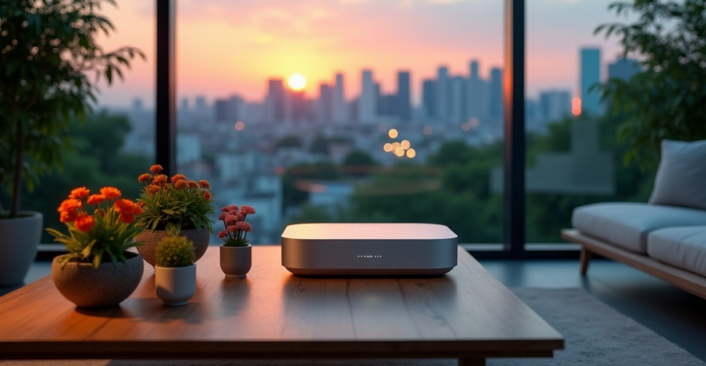 "A sleek silver smart home hub on a minimalist wooden coffee table in a modern living room, surrounded by lush greenery and vibrant flowers, displaying a futuristic cityscape at dusk with cutting-edge energy-efficient LED screen."