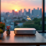 "Green Tech for a Smarter Tomorrow: Top Energy-Efficient Gadgets and Devices" "A sleek silver smart home hub on a minimalist wooden coffee table in a modern living room, surrounded by lush greenery and vibrant flowers, displaying a futuristic cityscape at dusk with cutting-edge energy-efficient LED screen."
