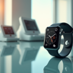"A sleek silver smartwatch on a glass examination table surrounded by health monitoring devices in a serene setting, showcasing cutting-edge technology."