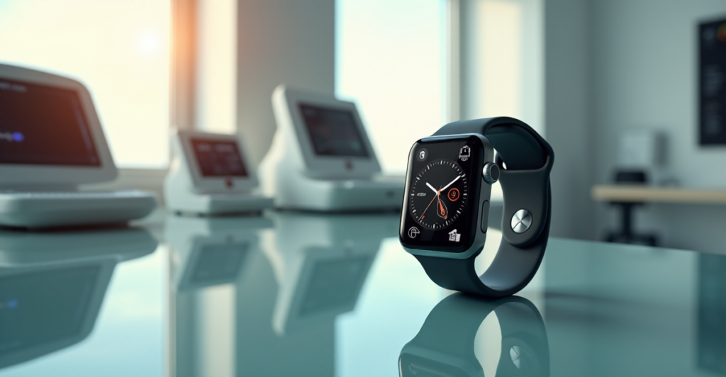 "A sleek silver smartwatch on a glass examination table surrounded by health monitoring devices in a serene setting, showcasing cutting-edge technology."