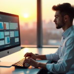 "A young professional sits at a minimalist desk with a high-resolution touchscreen monitor displaying organized digital workspace tools, surrounded by a spacious office environment with cityscape view."