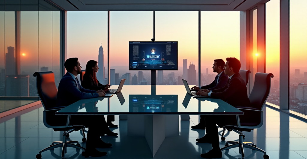 "A modern office space with sleek workstations, high-tech devices, and a large video conferencing interface on a massive 4K screen, showcasing top 5G connectivity gadgets in a collaborative setting."