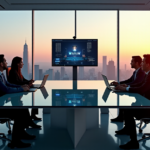 "A modern office space with sleek workstations, high-tech devices, and a large video conferencing interface on a massive 4K screen, showcasing top 5G connectivity gadgets in a collaborative setting."