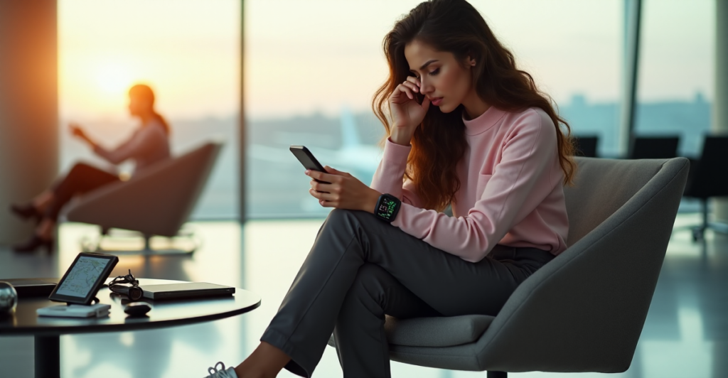 "A young woman sits in an airport lounge chair surrounded by high-tech gadgets and portable devices, showcasing top 5G connectivity gadgets for efficient travel."