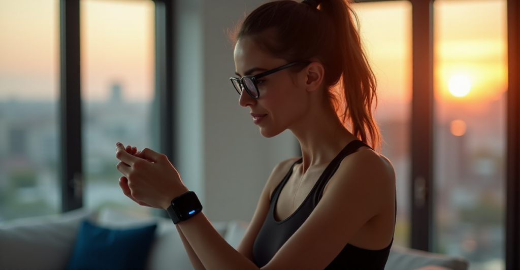 "A young woman in a modern living room wearing smart glasses and a sports watch, holding a fitness tracker, surrounded by natural light."