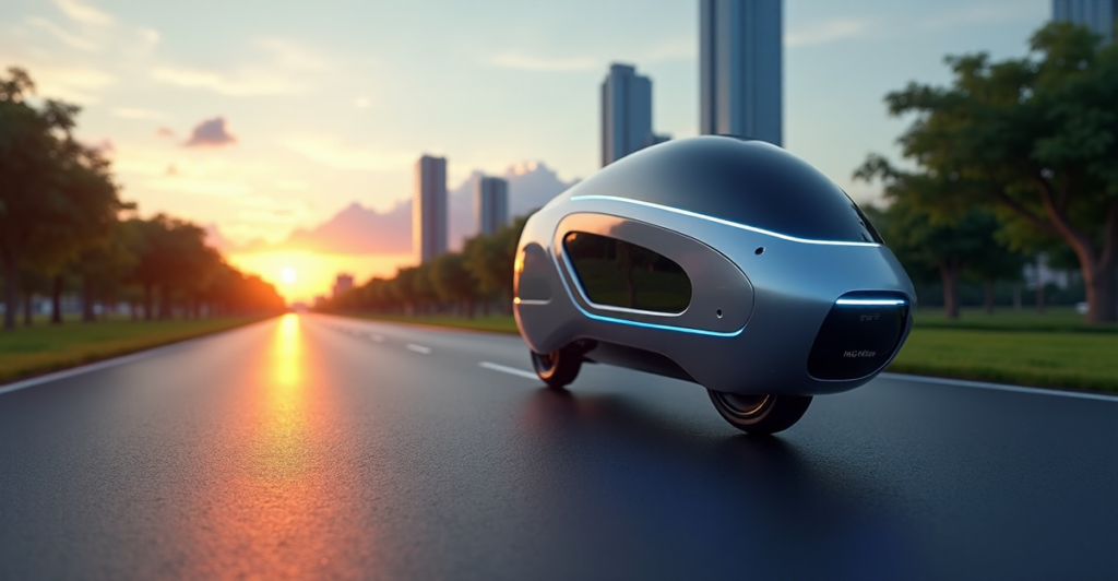 "A sleek silver hoverbike with AI-powered 5G features and a high-resolution touchscreen interface hovers above a black asphalt road at sunset, surrounded by skyscrapers and a lush green park."
