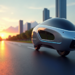 "A sleek silver hoverbike with AI-powered 5G features and a high-resolution touchscreen interface hovers above a black asphalt road at sunset, surrounded by skyscrapers and a lush green park."