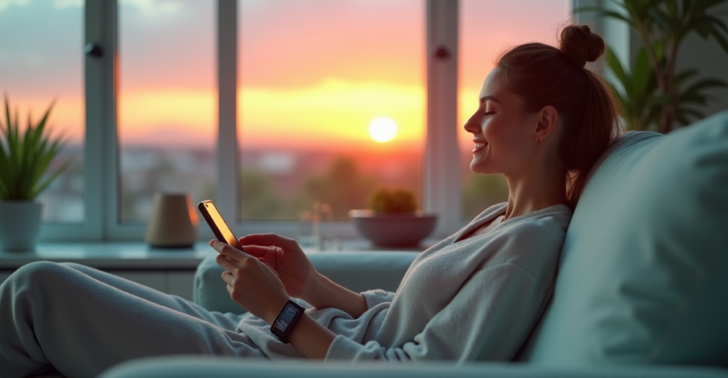 "A young woman relaxes on a modern couch amidst cutting-edge innovation gadgets and wellness tech elements in a serene living room with soft natural light."