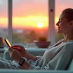 "A young woman relaxes on a modern couch amidst cutting-edge innovation gadgets and wellness tech elements in a serene living room with soft natural light."