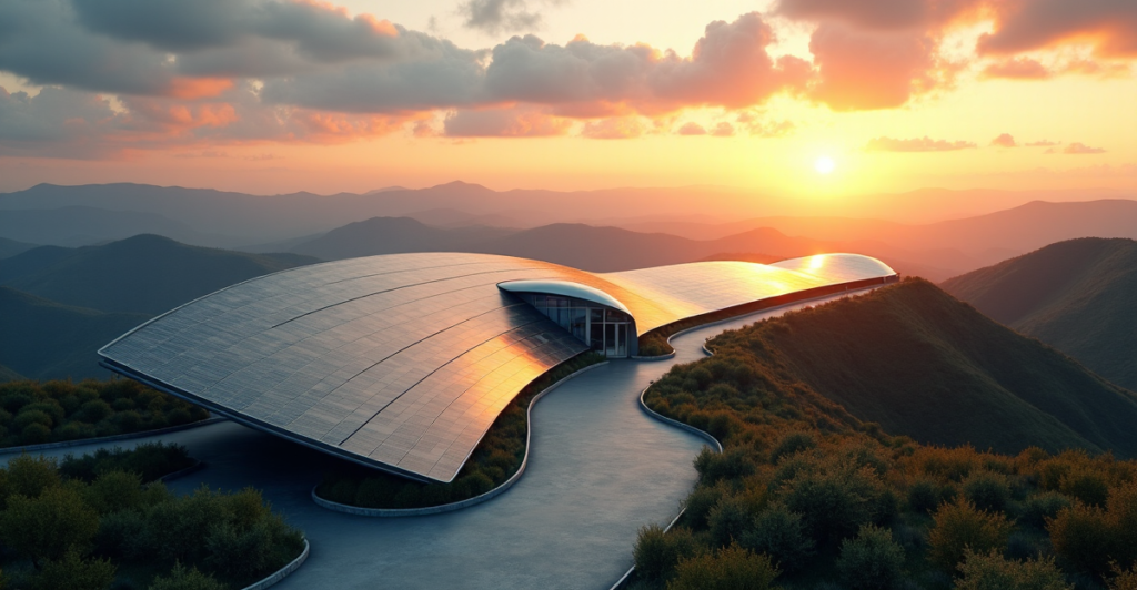 "A futuristic solar farm at sunrise, showcasing sleek solar panels and a central control room amidst rolling hills and lush vegetation."