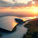 "A futuristic solar farm at sunrise, showcasing sleek solar panels and a central control room amidst rolling hills and lush vegetation."