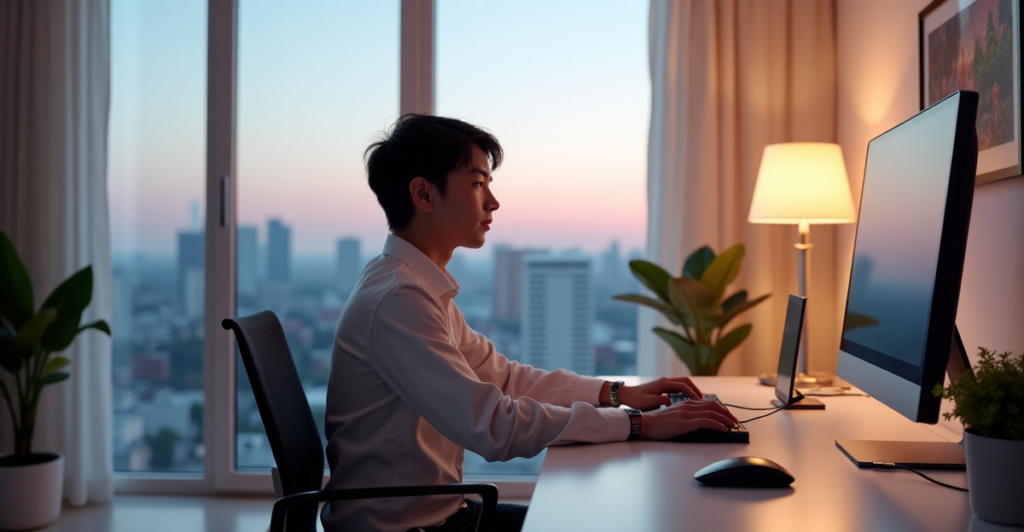 "A young professional sits at a minimalist desk surrounded by cutting-edge 5G-enabled devices in a modern home office with a cityscape background."