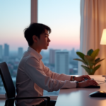 "5G Revolutionizes Remote Work: Unlocking Seamless Collaboration and Productivity" "A young professional sits at a minimalist desk surrounded by cutting-edge 5G-enabled devices in a modern home office with a cityscape background."