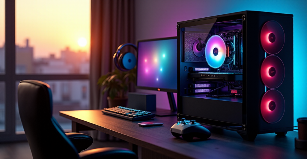 "A sleek gaming setup on a dark hardwood desk, featuring a top-of-the-line PC with custom water-cooled components and premium peripherals in warm golden hour lighting."