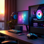 "A sleek gaming setup on a dark hardwood desk, featuring a top-of-the-line PC with custom water-cooled components and premium peripherals in warm golden hour lighting."