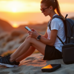 "Stay Connected on the Go with Top Mobile Travel Gadgets for a Smarter Journey" "A young woman sits on a rocky beach at sunset, surrounded by mobile travel gadgets, including a portable power bank, GPS watch, and wireless earbuds."