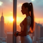 "Smart Tech for a Smarter Fitness Journey" "A young woman stands confidently in front of a cityscape at sunset, wearing a sleek black fitness tracker and athletic attire, exuding determination and empowerment."