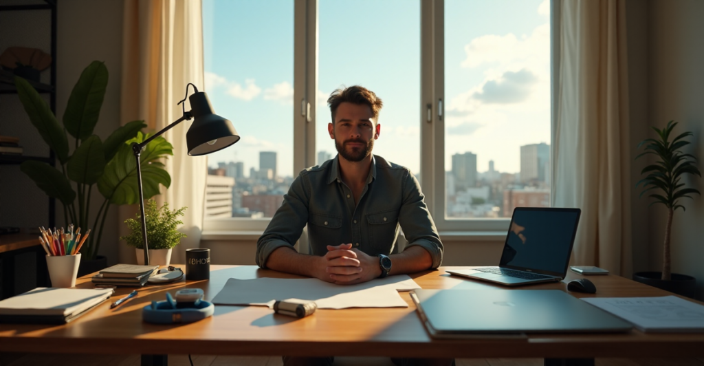"A young professional sits at a cluttered wooden desk surrounded by smart tools and gadgets in a well-lit room with a cityscape view, emphasizing productivity and efficiency with top 5G connectivity features."