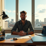 "Maximize Productivity with Smart Tools and Gadgets That Simplify Your Workflow" "A young professional sits at a cluttered wooden desk surrounded by smart tools and gadgets in a well-lit room with a cityscape view, emphasizing productivity and efficiency with top 5G connectivity features."