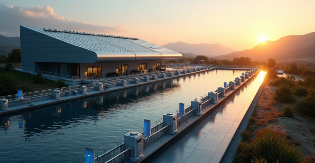 "A futuristic smart water management system featuring a sleek, silver treatment facility with solar panels, surrounded by high-speed sensors and monitoring equipment in a serene natural environment."