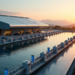 "A futuristic smart water management system featuring a sleek, silver treatment facility with solar panels, surrounded by high-speed sensors and monitoring equipment in a serene natural environment."