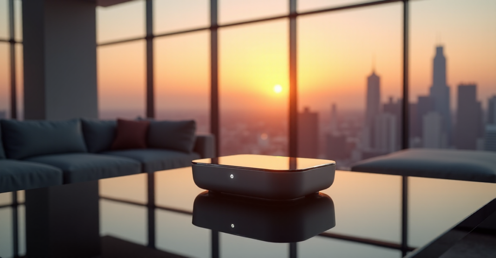 A sleek silver smart home hub with AI assistant on a black glass table in a modern living room with cityscape view at sunset, highlighting top 5G connectivity gadgets of 2025.