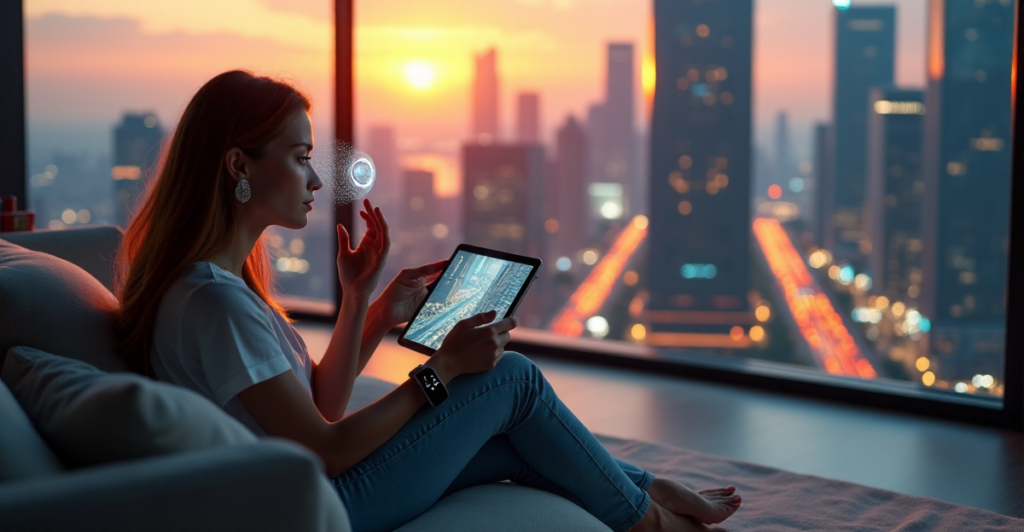 "A young woman sits on a modern couch in a spacious living room with floor-to-ceiling windows offering a futuristic cityscape view at sunset, surrounded by AI-powered gadgets and an augmented reality contact lens."