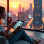"Transform Your Life with AI-Powered Gadgets and Cutting-Edge Tech Innovations" "A young woman sits on a modern couch in a spacious living room with floor-to-ceiling windows offering a futuristic cityscape view at sunset, surrounded by AI-powered gadgets and an augmented reality contact lens."