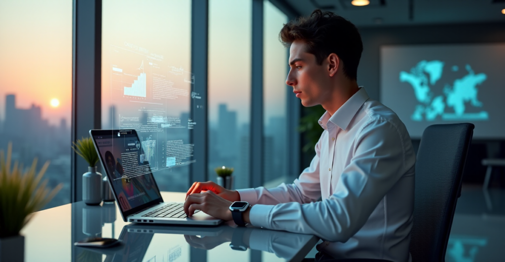 "A young professional sits confidently at a sleek glass desk surrounded by cutting-edge gadgets, interacting with holographic data displays and AI-powered devices in a modern office space with cityscape views."
