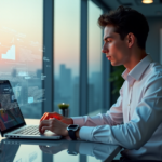 "A young professional sits confidently at a sleek glass desk surrounded by cutting-edge gadgets, interacting with holographic data displays and AI-powered devices in a modern office space with cityscape views."
