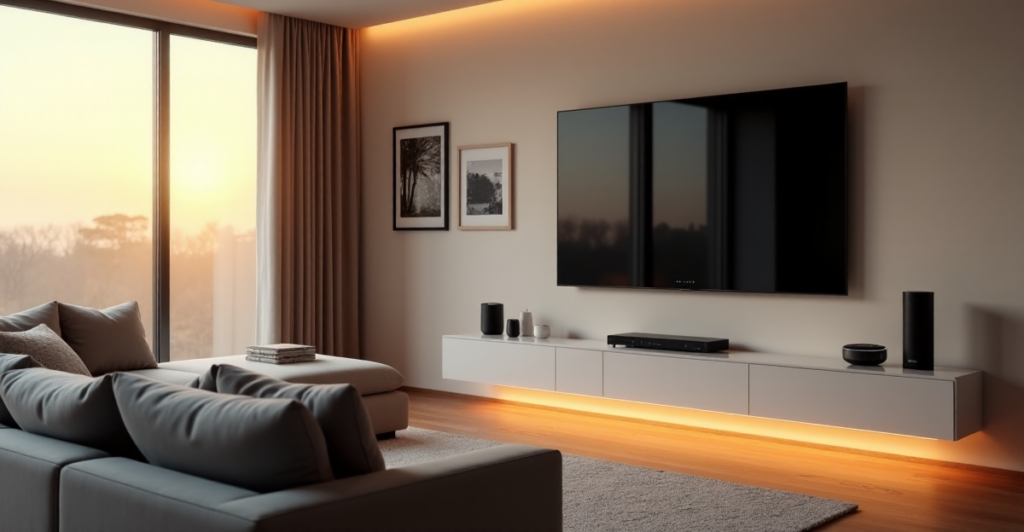 "A serene living room featuring a state-of-the-art smart home setup with an 85-inch 8K TV, Amazon Echo, Google Home Mini, and Samsung SmartThings Hub, showcasing top 5G connectivity gadgets in a minimalist space."