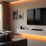 "A serene living room featuring a state-of-the-art smart home setup with an 85-inch 8K TV, Amazon Echo, Google Home Mini, and Samsung SmartThings Hub, showcasing top 5G connectivity gadgets in a minimalist space."