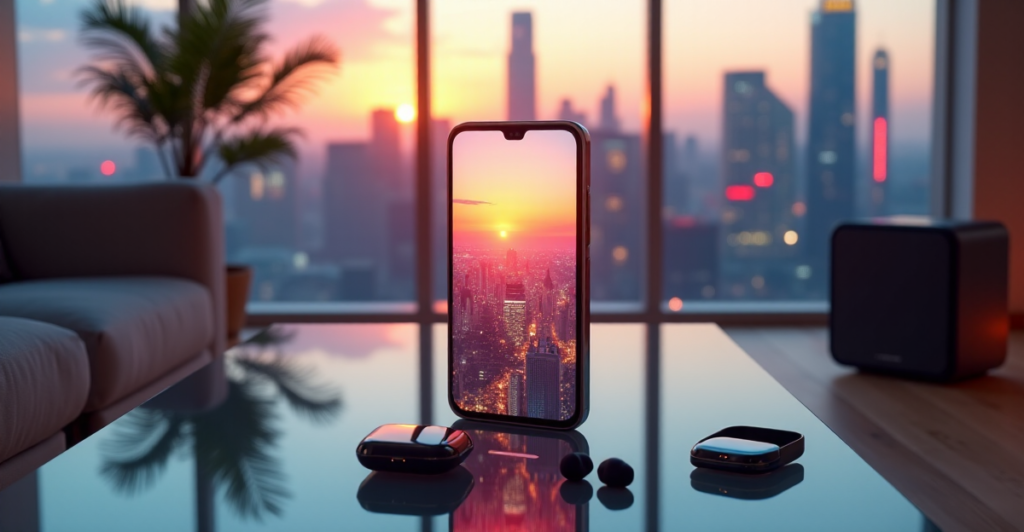"A futuristic living room featuring a sleek smartphone, cutting-edge gadgets, and a stunning city skyline at dusk, conveying hope and possibility."